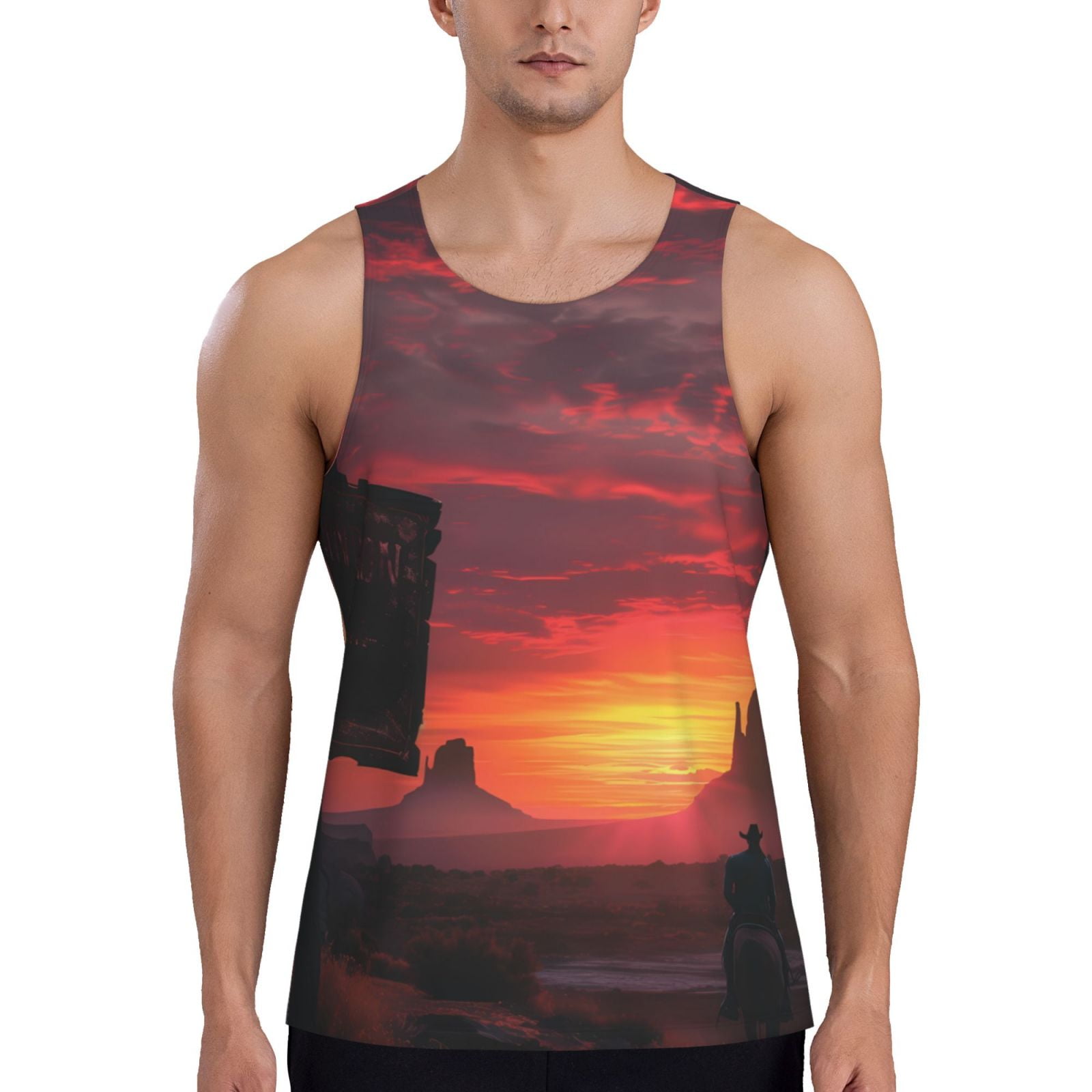 Balery Sunset Western Desert Cowboy Pattern Men's Workout Tank Top Gym ...