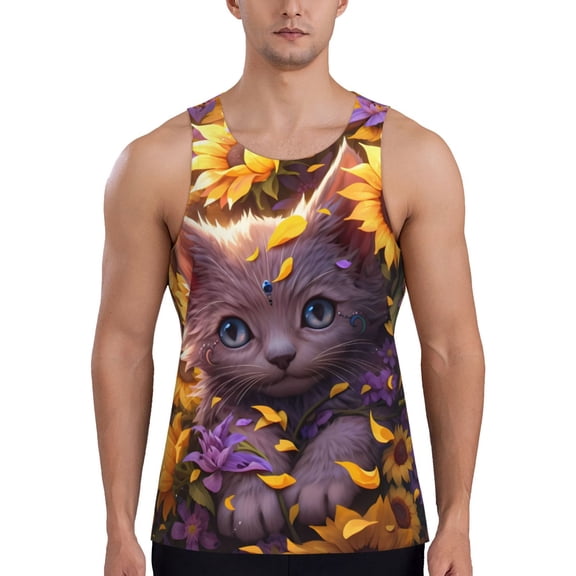 Balery Sunshine Cute Cat Sunflower Pattern Men's Workout Tank Top Gym Muscle Tee Fitness Bodybuilding Sleeveless T Shirt Quick Dry Fit Muscle Tank Top Slim-Fit Tank-Small