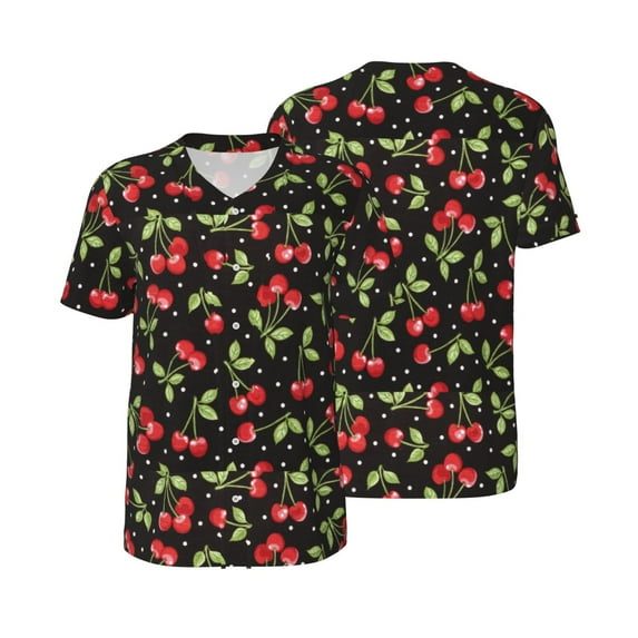 Balery Sweet Red Cherry Baseball Jersey for Men Casual Button Down Shirts Short Sleeve Active Team Sports Uniform-X-Large