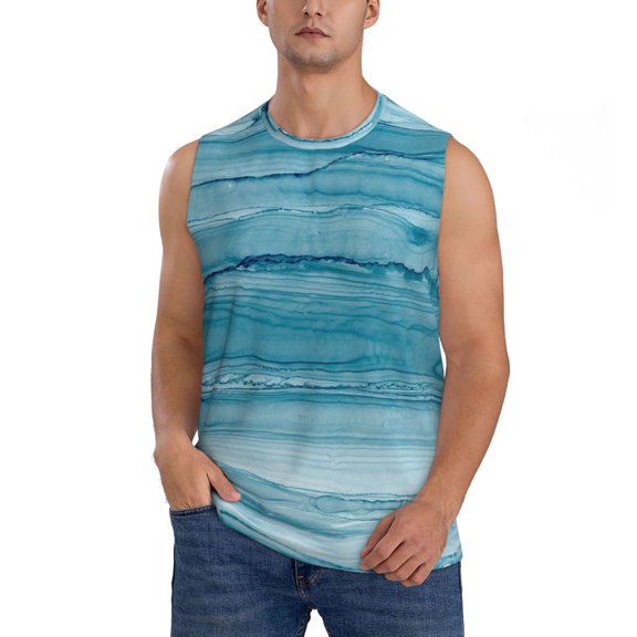 Balery Teal Turquoise Fluid Stripes Men's Sleeveless Muscle Shirts Workout Tank Top, Moisture Wicking, Odor Protection-Large