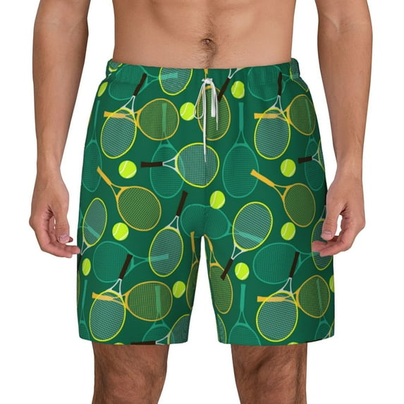 Balery Tennis Rackets and Balls Mens Swim Trunks Swim Shorts for Men Quick Dry Inseam Beach Shorts with Compression Liner Pocket-Small