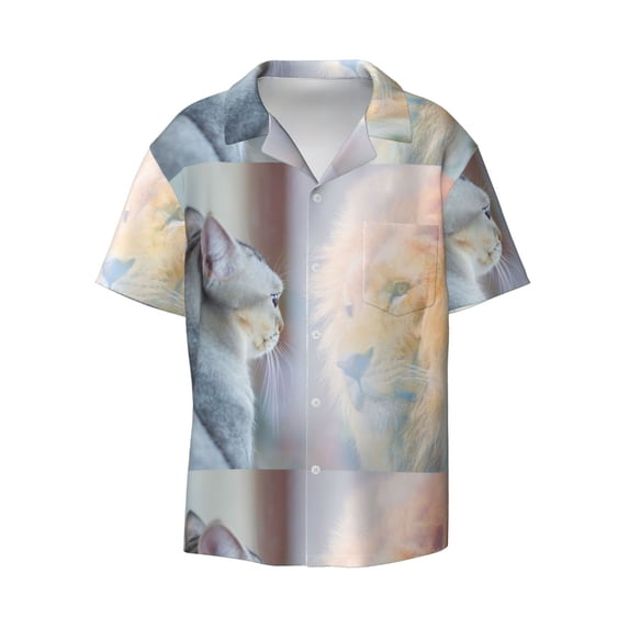 Balery The Cat Looks in the Mirror Men's Casual Button Down Shirt Short Sleeve Textured Summer Cuban Beach Shirts-X-Large