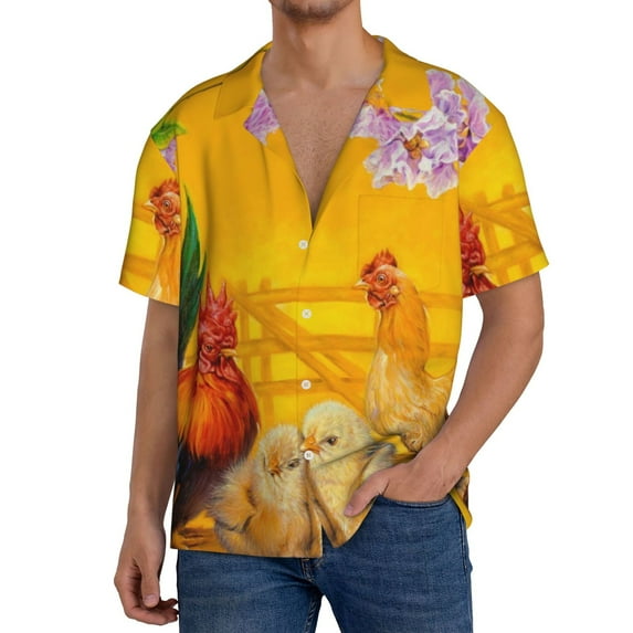 Balery The Chicken Family Men's Casual Button Down Shirt Short Sleeve Textured Summer Cuban Beach Shirts-Large