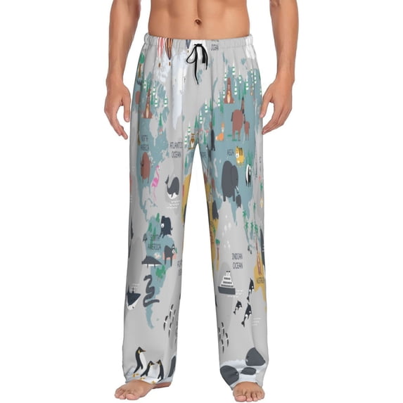 Balery The World Map with Cartoon Animals print Men's Pajama Pants,Ultra Lightweight Pjs,Lounge Pant-Large