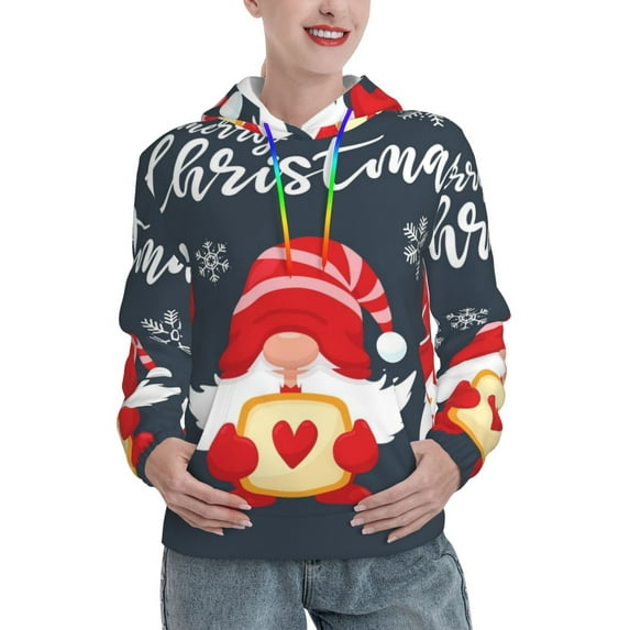Balery Three Cute Christmas Gnomes Pattern Womens Long Sleeve Hoodie, Pullover Hooded Sweatshirt, Kangaroo Pocket Hoodie with Eye-catching Drawstrings-Medium