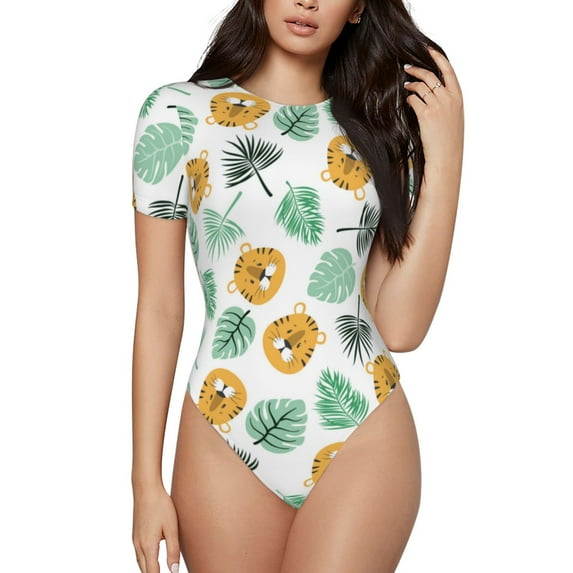 Balery Tiger Leaves Women's Short Sleevee Crew Neck Bodysuit Tops Short Sleeve Tops Basic-Small