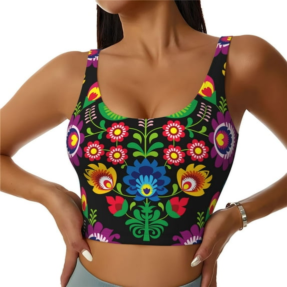 Balery Traditional Floral Polish Pattern Racerback Sports Bras for Women - Padded Seamless High Impact Support for Yoga Gym Workout Fitness-Medium