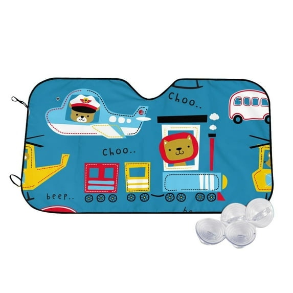 Balery Transportations With Cute Animals Windshield Sun Shade, Car Front Window Sunshade Cover ,Automotive Interior Portected Blocks Uv Rays For Car Pickup Truck Suv Accessories- Medium