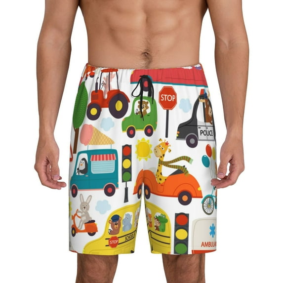 Balery Transports with Animals Men's Cotton Knit Pajama Shorts Waistband & Pockets,Short Pajama Pants-X-Large