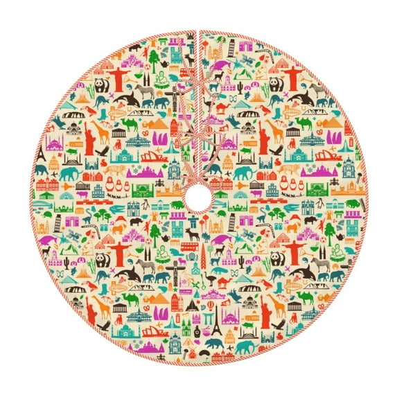 Balery Travel Printed Christmas Tree Skirt , Merry Christmas Party Christmas Tree Decoration,Adjustable Tree Skirt-36"