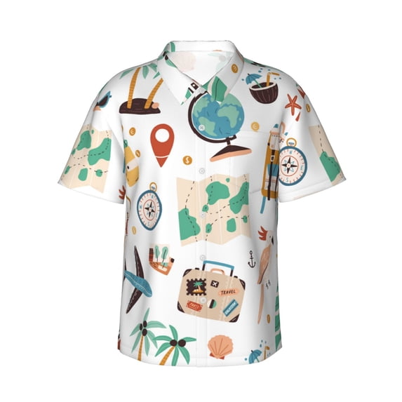 Balery Travel1 Print Men's Hawaiian Shirts Short Sleeve Beach Shirt Relaxed Fit Vacation Button Down Shirts-Small