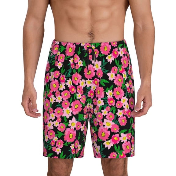 Balery Trendy Floral Men's Cotton Knit Pajama Shorts Waistband & Pockets,Short Pajama Pants-Large