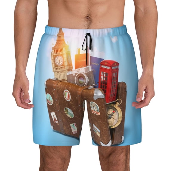 Balery Trip to London Mens Swim Trunks Swim Shorts for Men Quick Dry Inseam Beach Shorts with Compression Liner Pocket-Small