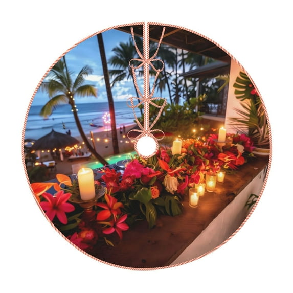 Balery Tropical Beach Candlelight Printed Christmas Tree Skirt , Merry Christmas Party Christmas Tree Decoration,Adjustable Tree Skirt-48"