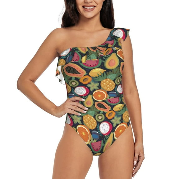 Balery Tropical Fruits One Shoulder Swimsuits for Women Ruffle Swimsuits Tummy Control One Shoulder Bathing Suits-Medium