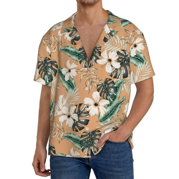 Balery Tropical Leaves Flower Men's Casual Button Down Shirt Short Sleeve Textured Summer Cuban Beach Shirts-Small