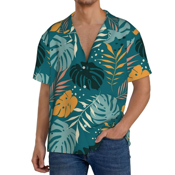 Balery Tropical Leaves Men's Casual Button Down Shirt Short Sleeve Textured Summer Cuban Beach Shirts-3X-Large