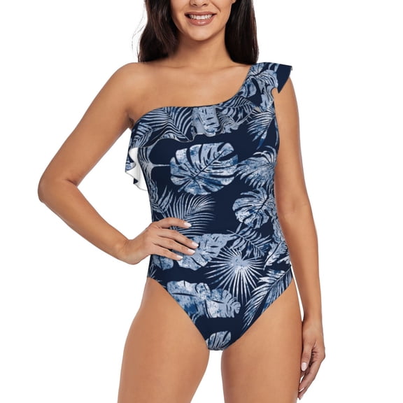 Balery Tropical Leaves One Shoulder Swimsuits for Women Ruffle Swimsuits Tummy Control One Shoulder Bathing Suits-Small