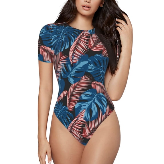 Balery Tropical Leaves Women's Short Sleevee Crew Neck Bodysuit Tops Short Sleeve Tops Basic-Medium