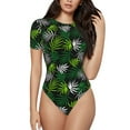 thumbnail image 1 of Balery Tropical Leaves1 Women's Short Sleevee Crew Neck Bodysuit Tops Short Sleeve Tops Basic-Small, 1 of 9