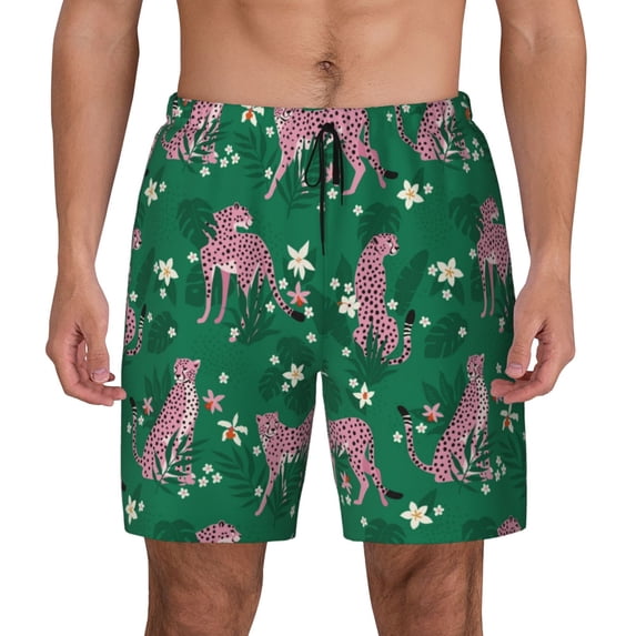 Balery Tropical Leopard Mens Swim Trunks Swim Shorts for Men Quick Dry Inseam Beach Shorts with Compression Liner Pocket-