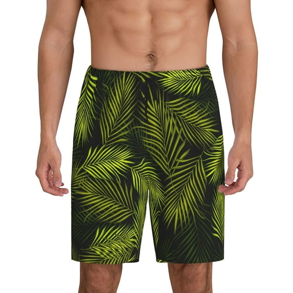 Balery Tropical Palm Leaves Fern Leaf Men's Cotton Knit Pajama Shorts Waistband & Pockets,Short Pajama Pants-XX-Large