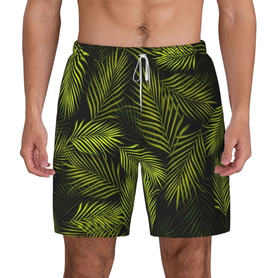 Balery Tropical Palm Leaves Fern Leaf Mens Swim Trunks Swim Shorts for Men Quick Dry Inseam Beach Shorts with Compression Liner Pocket-XX-Large