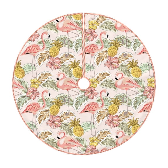 Balery Tropical Pink Flamingo Pineapple Printed Christmas Tree Skirt , Merry Christmas Party Christmas Tree Decoration,Adjustable Tree Skirt-36"