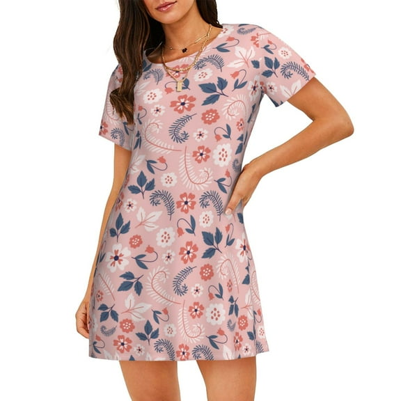 Balery Tropical Plants Pattern Womens Short Sleeve Sleepshirt Scoopneck Cute Nightdress Comfy Nightgown Loungewear Dress