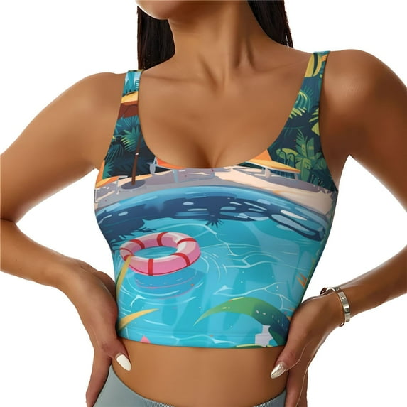 Balery Tropical Poolside Relaxation Pattern Racerback Sports Bras for Women - Padded Seamless High Impact Support for Yoga Gym Workout Fitness-Large