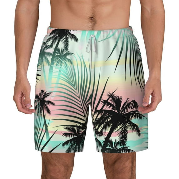Balery Tropical Summer Palm Mens Swim Trunks Swim Shorts for Men Quick Dry Inseam Beach Shorts with Compression Liner Pocket-Small