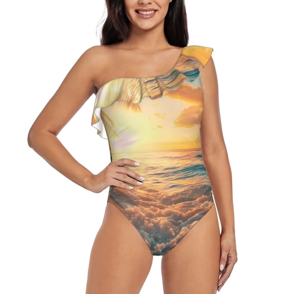 Balery Tropical Sunset Beach Scene One Shoulder Swimsuits for Women Ruffle Swimsuits Tummy Control One Shoulder Bathing Suits-