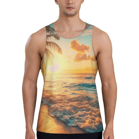 Balery Tropical Sunset Beach Scene Pattern Men's Workout Tank Top Gym Muscle Tee Fitness Bodybuilding Sleeveless T Shirt Quick Dry Fit Muscle Tank Top Slim-Fit Tank-Small