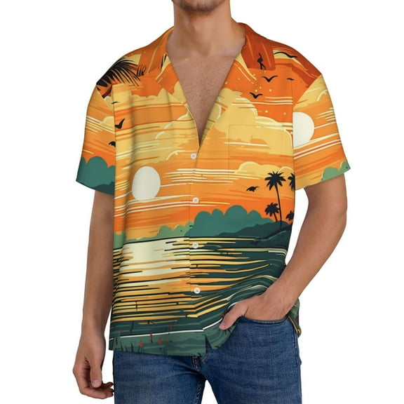 Balery Tropical Sunset Paradise Men's Casual Button Down Shirt Short Sleeve Textured Summer Cuban Beach Shirts-4X-Large