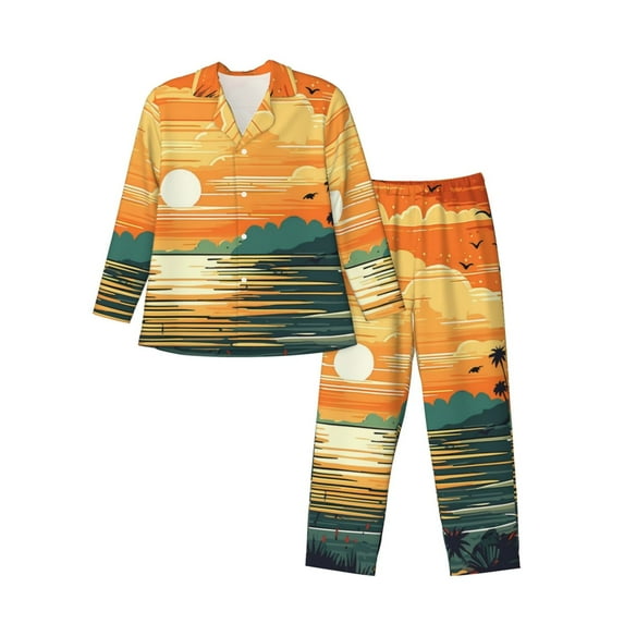 Balery Tropical Sunset Paradise Pattern Pajama Sets for Men Long Sleeve 2 Piece Sleepwear Loungewear Sets Soft PJ's with Pockets Long Sleeve Comfy Pj Sets-Large