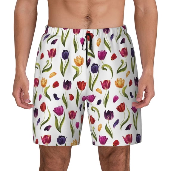 Balery Tulips Flowers Mens Swim Trunks Swim Shorts for Men Quick Dry Inseam Beach Shorts with Compression Liner Pocket-Medium