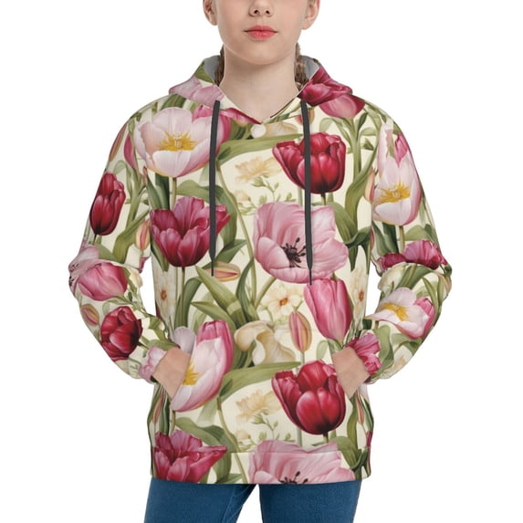 Balery Tulips Flowers Pattern Boys Hoodie, Youth Pullover Hooded Sweatshirt, Kangaroo Pocket Hoodie for Kids Girls -X-Large