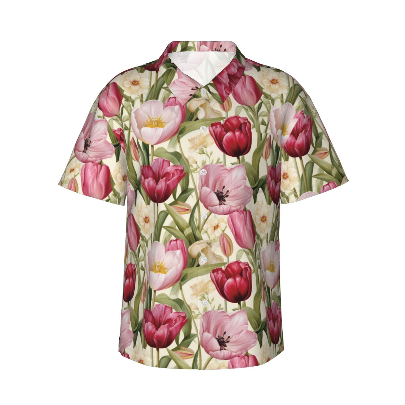 Balery Tulips Flowers Print Men's Hawaiian Shirts Short Sleeve Beach