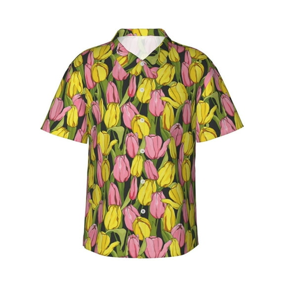 Balery Tulips Flowers Print Men's Hawaiian Shirts Short Sleeve Beach Shirt Relaxed Fit Vacation Button Down Shirts-X-Large
