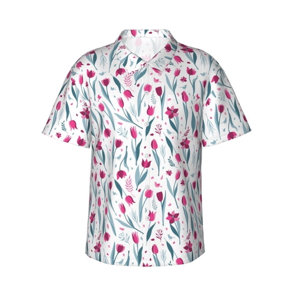 Balery Tulips Flowers Print Men's Hawaiian Shirts Short Sleeve Beach Shirt Relaxed Fit Vacation Button Down Shirts-XX-Large