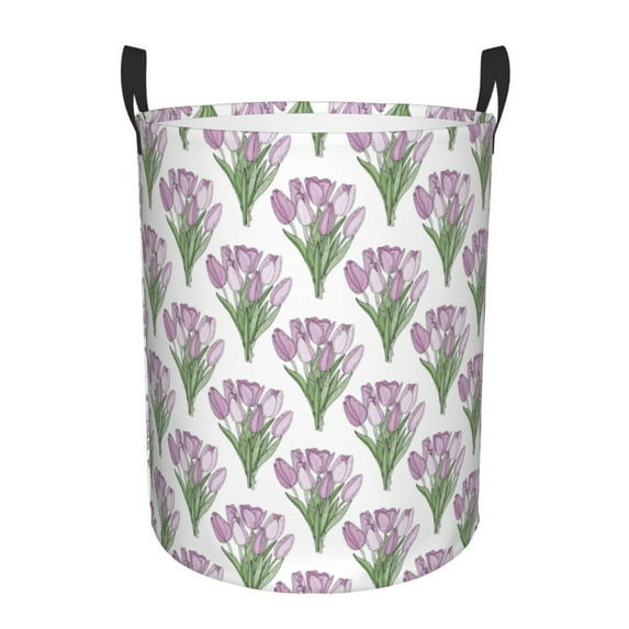 Balery Tulips Flowers Round Laundry Basket with Handles Waterproof Freestanding Laundry Hamper for Clothes Toys in the Dorm and Family-Small