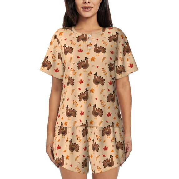 Balery Turkey And Autumn Leaves Pattern Womens Pajama Sets 2 Piece Soft Short Sleeve Top and Shorts Sleepwear Round Neck Pjs Lounge Set with Pockets-Large