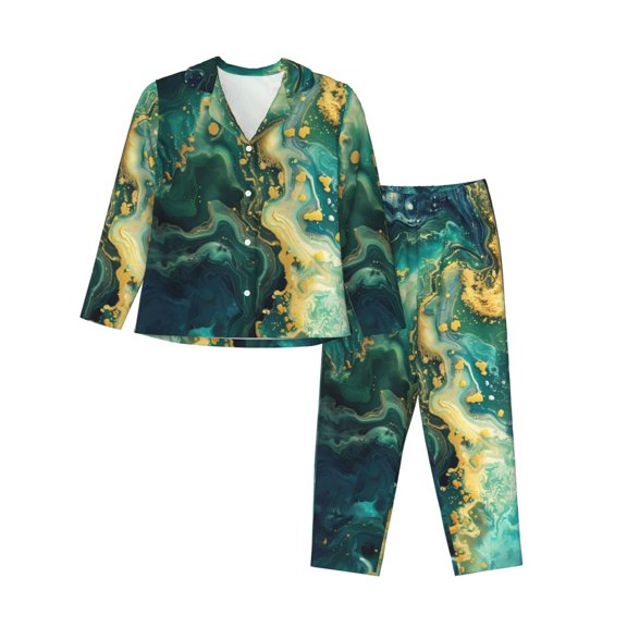 Balery Turquoise Golden Swirl Pattern Pajama Sets for Women Long Sleeve 2 Piece Sleepwear Loungewear Sets Soft PJ's with Pockets Long Sleeve Comfy Pj Sets-Small
