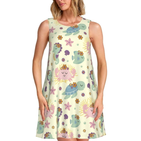 Balery Turtle Crab Sea Horse Pattern Women’s Summer Dresses – Loose Sleeveless Sundress, Casual and Comfortable Beach Dress for Hot Days