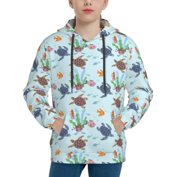 Balery Turtle Pattern Boys Hoodie, Youth Pullover Hooded Sweatshirt, Kangaroo Pocket Hoodie for Kids Girls -Medium