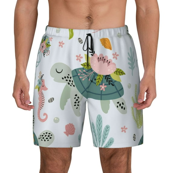 Balery Turtle and Sea Life Mens Swim Trunks Swim Shorts for Men Quick Dry Inseam Beach Shorts with Compression Liner Pocket-X-Large