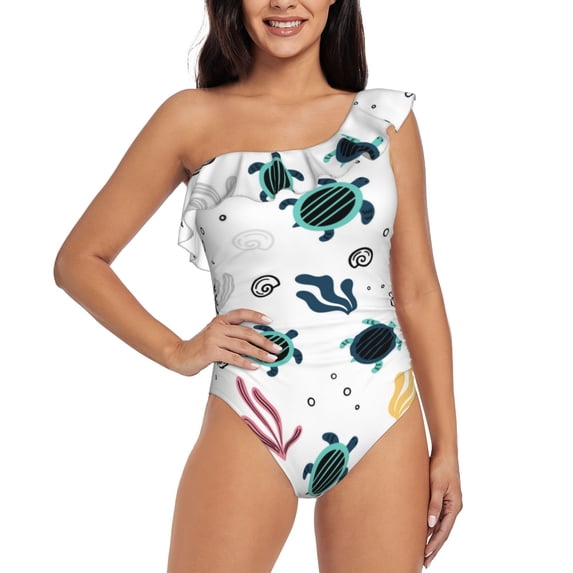 Balery Turtles And Corals One Shoulder Swimsuits for Women Ruffle Swimsuits Tummy Control One Shoulder Bathing Suits-Small