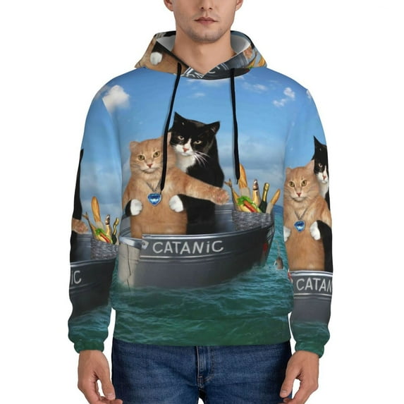 Balery Two Brave Cats Are Floating On The Sea Iceberg Pattern Mens Hoodie Kangaroo Pocket Hoodie Pullover Hooded Sweatshirt Ideal for Daily Wear Travel and Home-Small