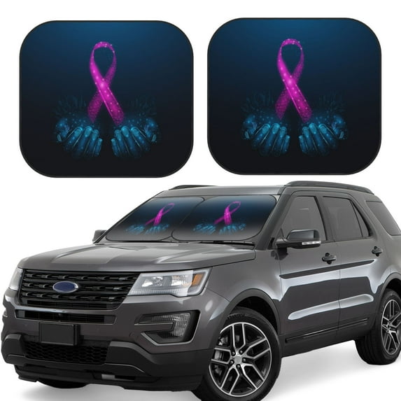 Balery 2 Piece Two Human Hands are Holds Pink Ribbon Awareness Car Windshield Sun Shade|Foldable Front Windshield Shade for Car Front Window for Most Sedans SUV Truck-Small