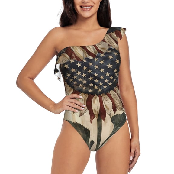 Balery USA Sunflower Flag One Shoulder Swimsuits for Women Ruffle Swimsuits Tummy Control One Shoulder Bathing Suits-